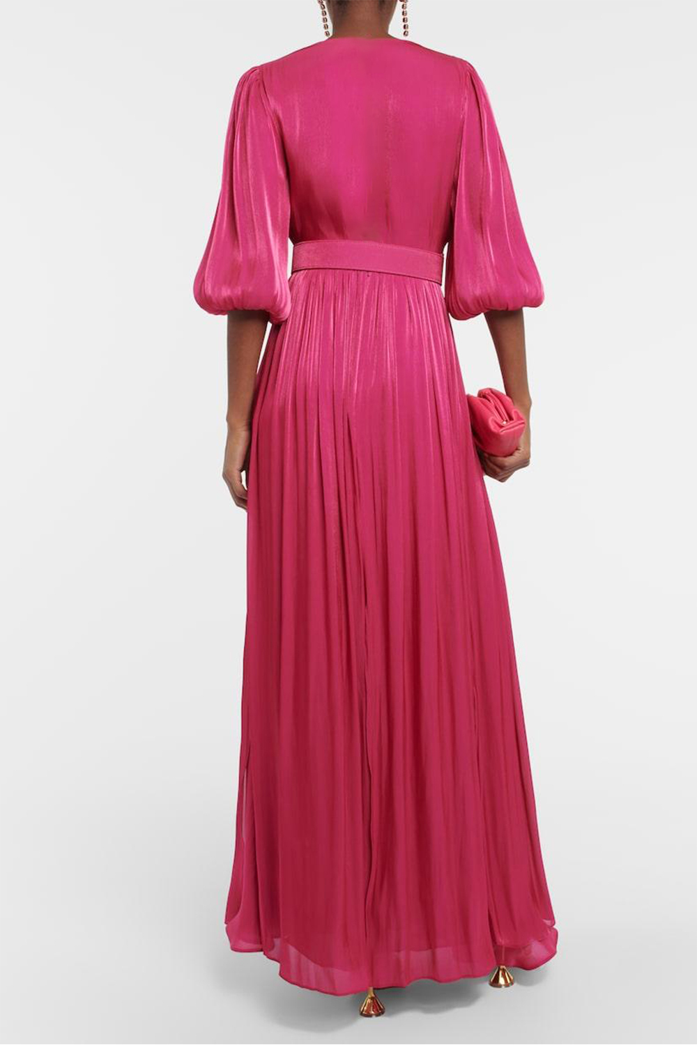 Chiffon V-Neck Puff Sleeve Midi Dress With Belt