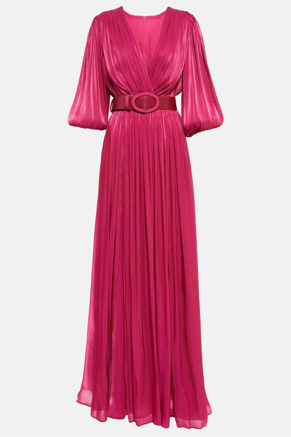 Chiffon V-Neck Puff Sleeve Midi Dress With Belt