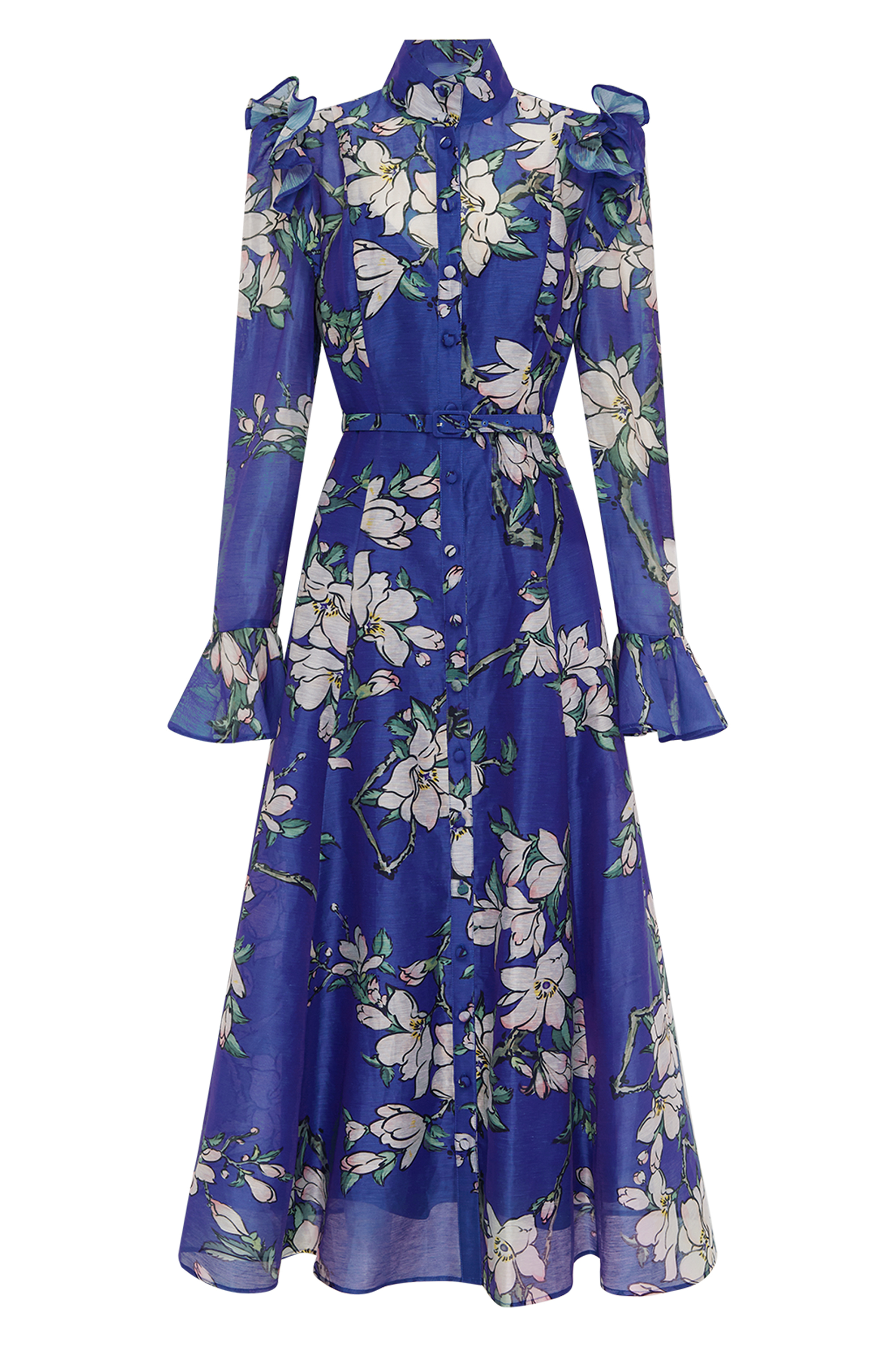 Floral Ruffle Midi Dress With Belt