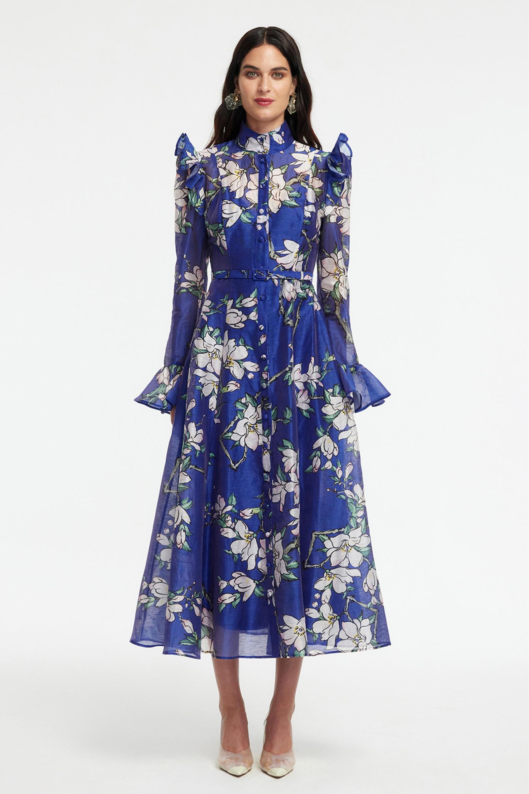 Floral Ruffle Midi Dress With Belt