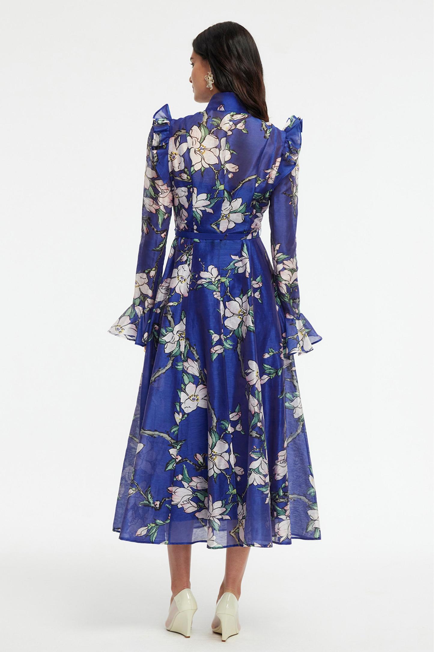 Floral Ruffle Midi Dress With Belt