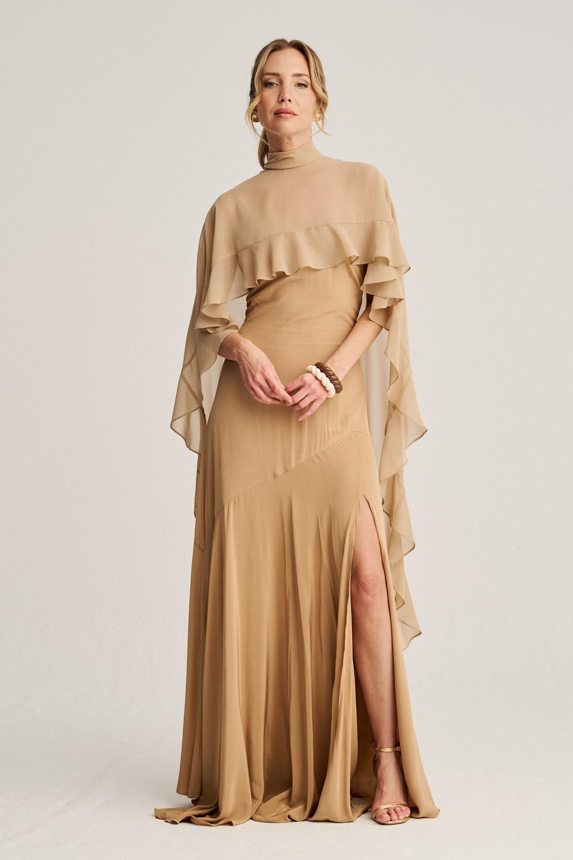 Chiffon Ruffle Maxi Dress With Cape