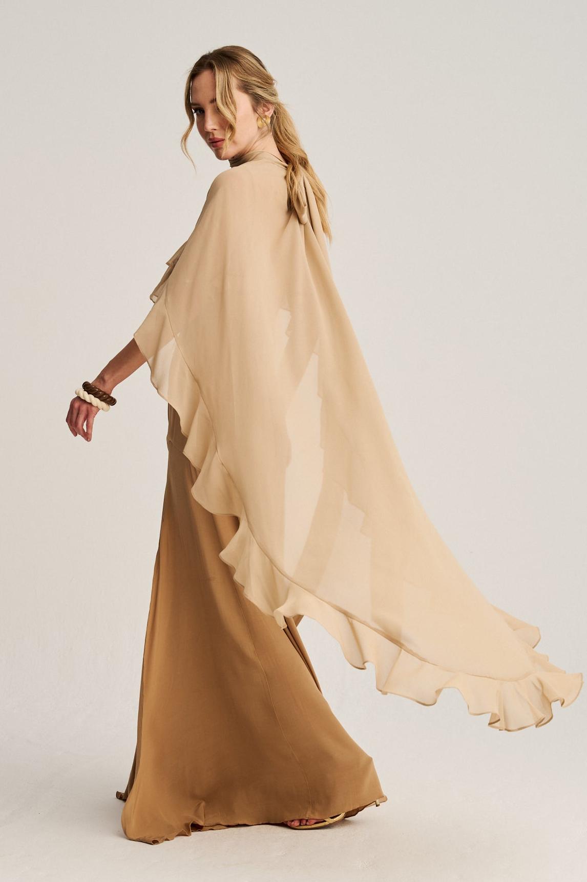 Chiffon Ruffle Maxi Dress With Cape