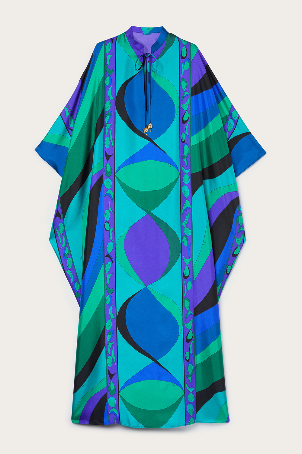 Geometric Patterns Lace-Up Stand Collar Maxi Dress