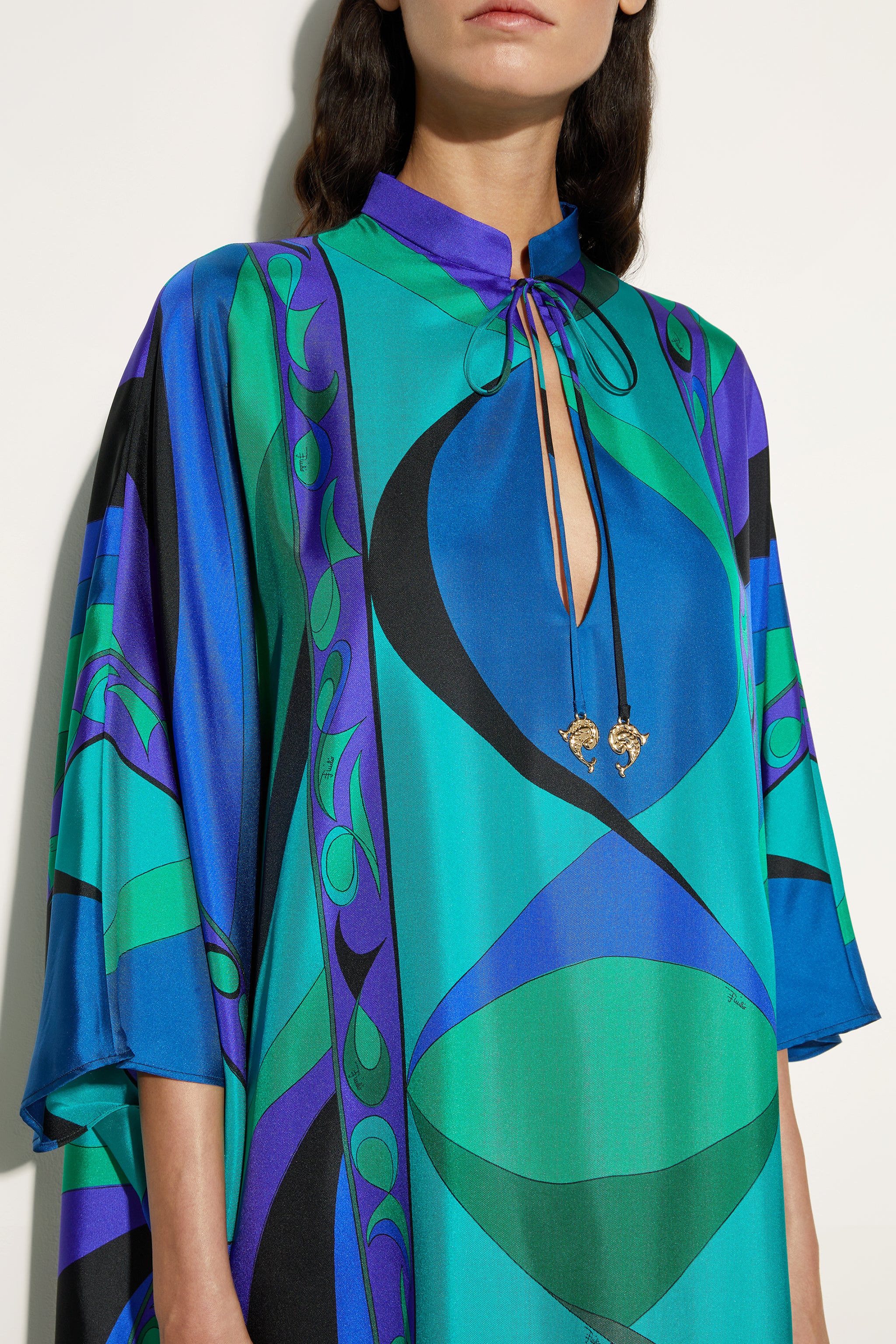 Geometric Patterns Lace-Up Stand Collar Maxi Dress