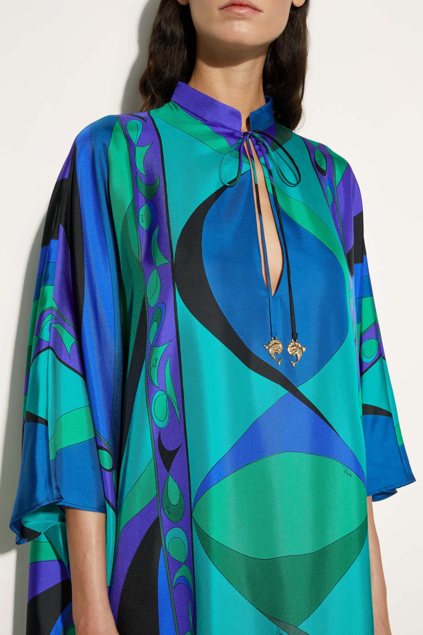 Geometric Patterns Lace-Up Stand Collar Maxi Dress