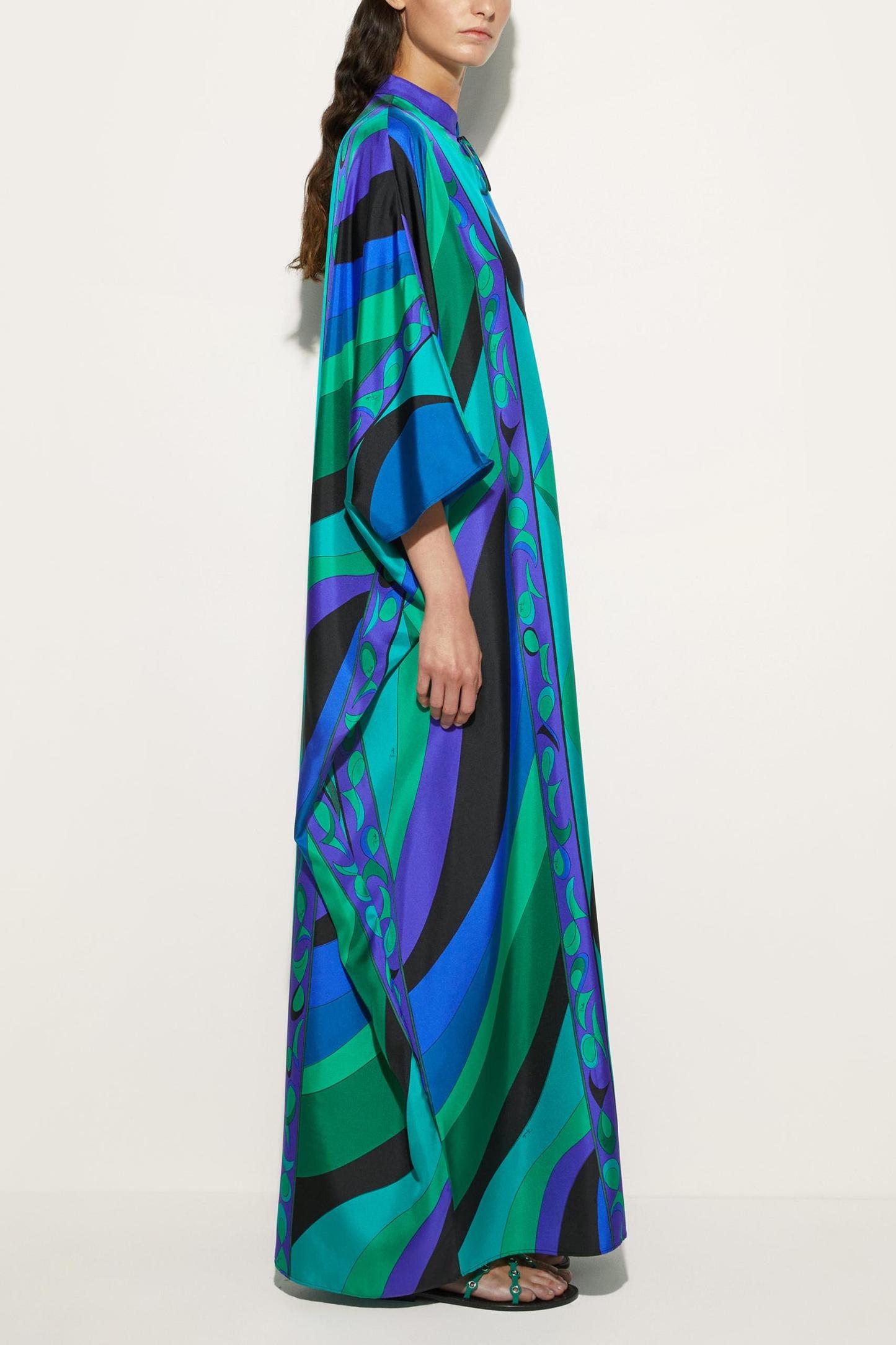 Geometric Patterns Lace-Up Stand Collar Maxi Dress