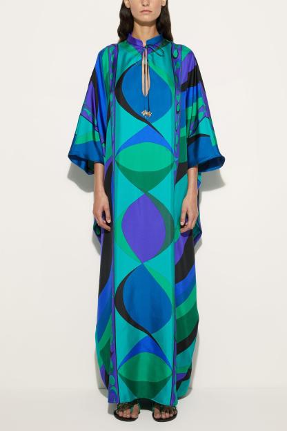 Geometric Patterns Lace-Up Stand Collar Maxi Dress