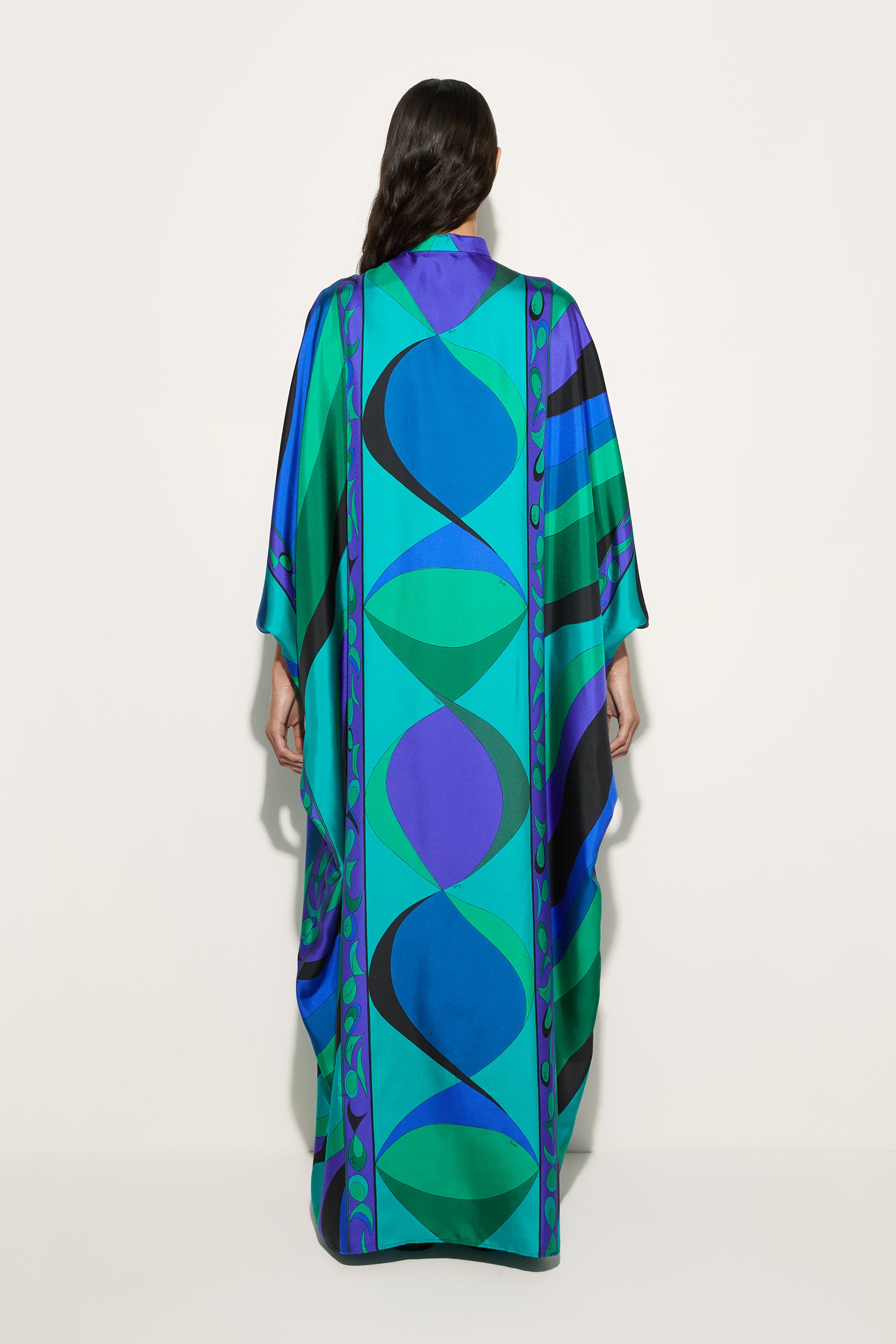 Geometric Patterns Lace-Up Stand Collar Maxi Dress