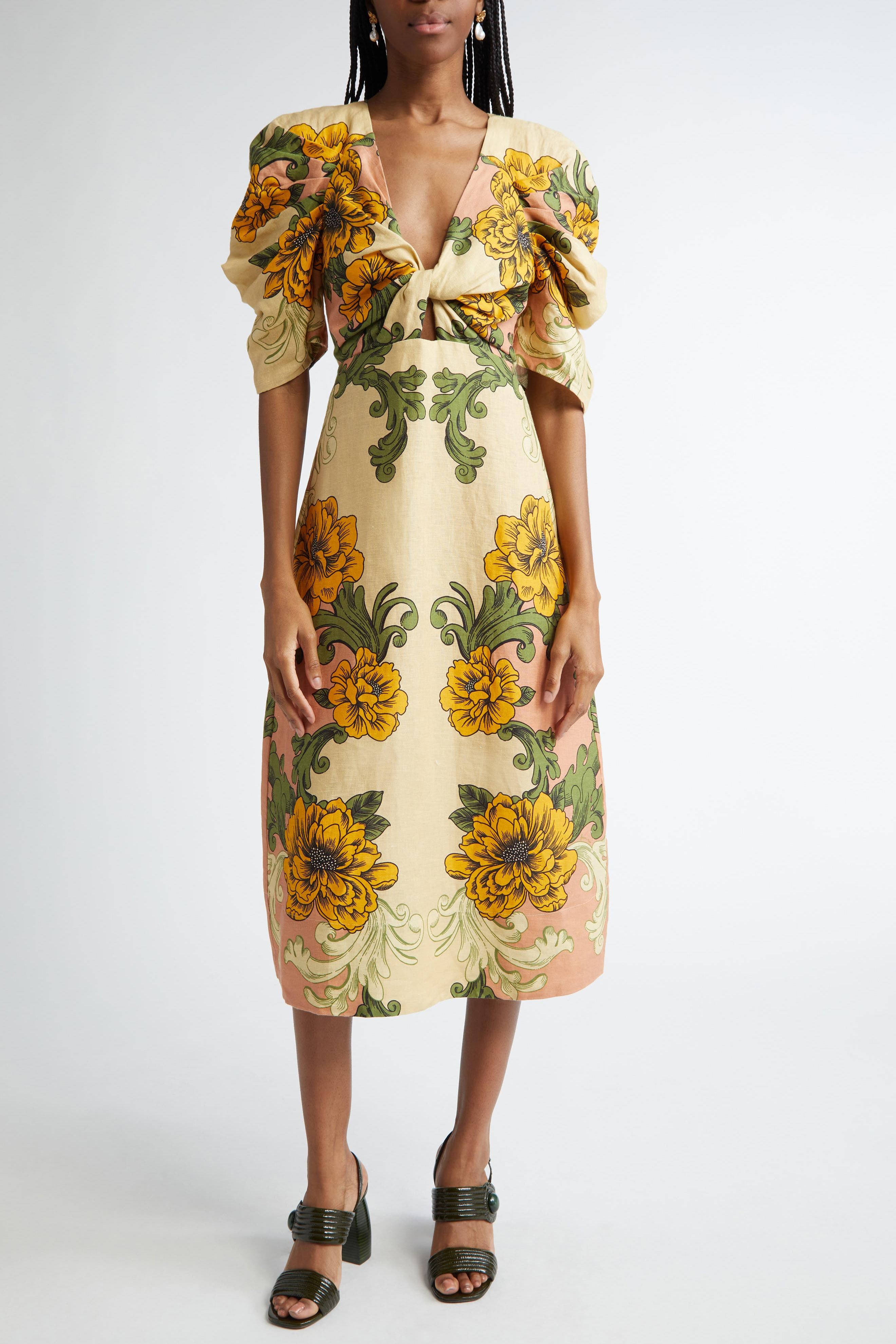Floral Knotted Ruched Midi Dress