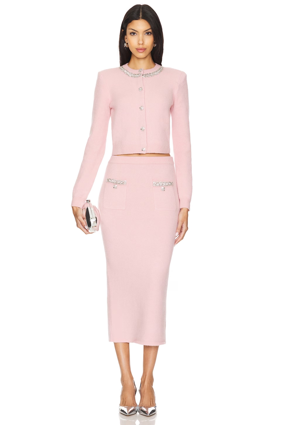 Rhinestone Round Neck Top & Mid Waist Midi Skirt Set