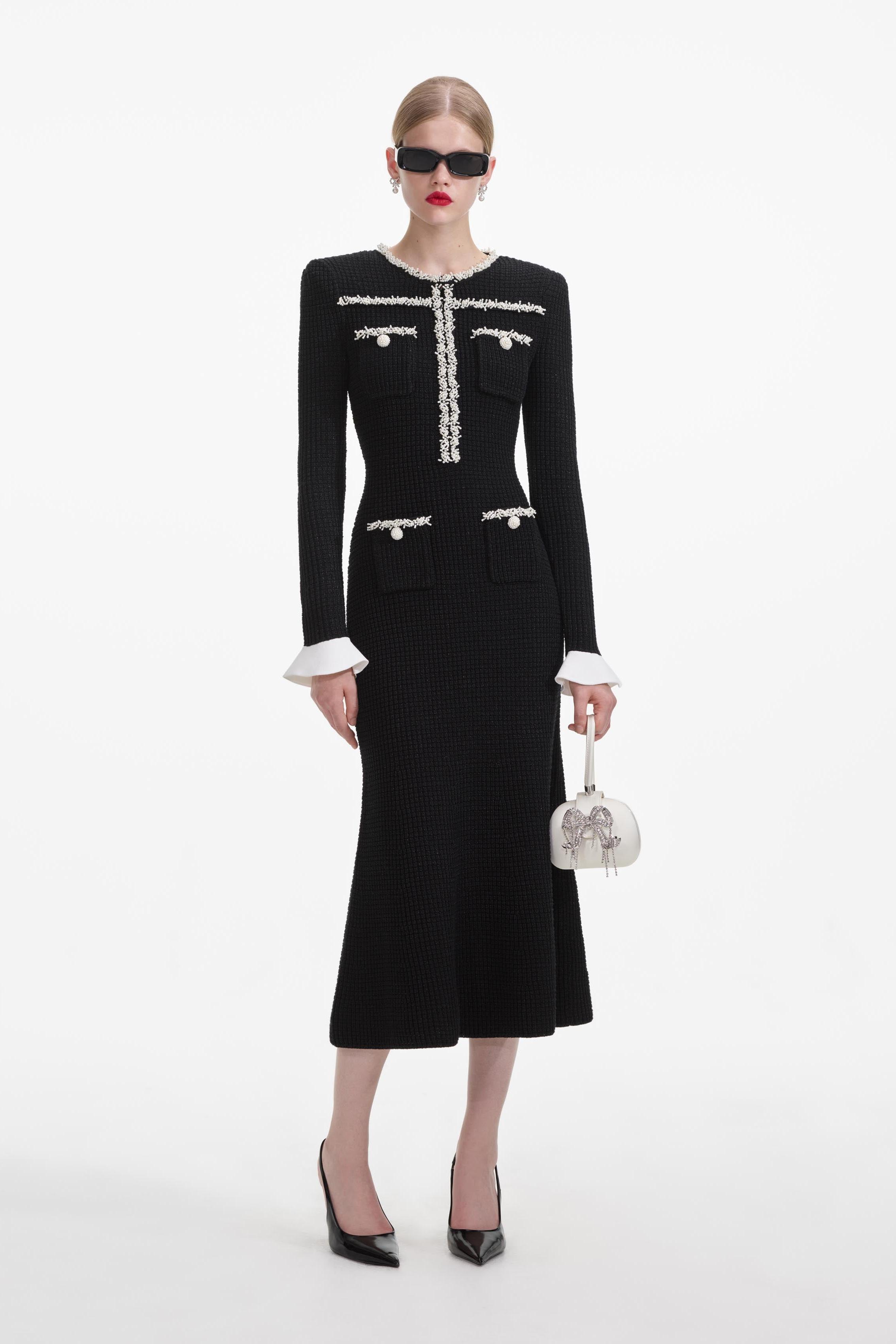 Faux Pearl Contrast Color Long Sleeve Midi Dress