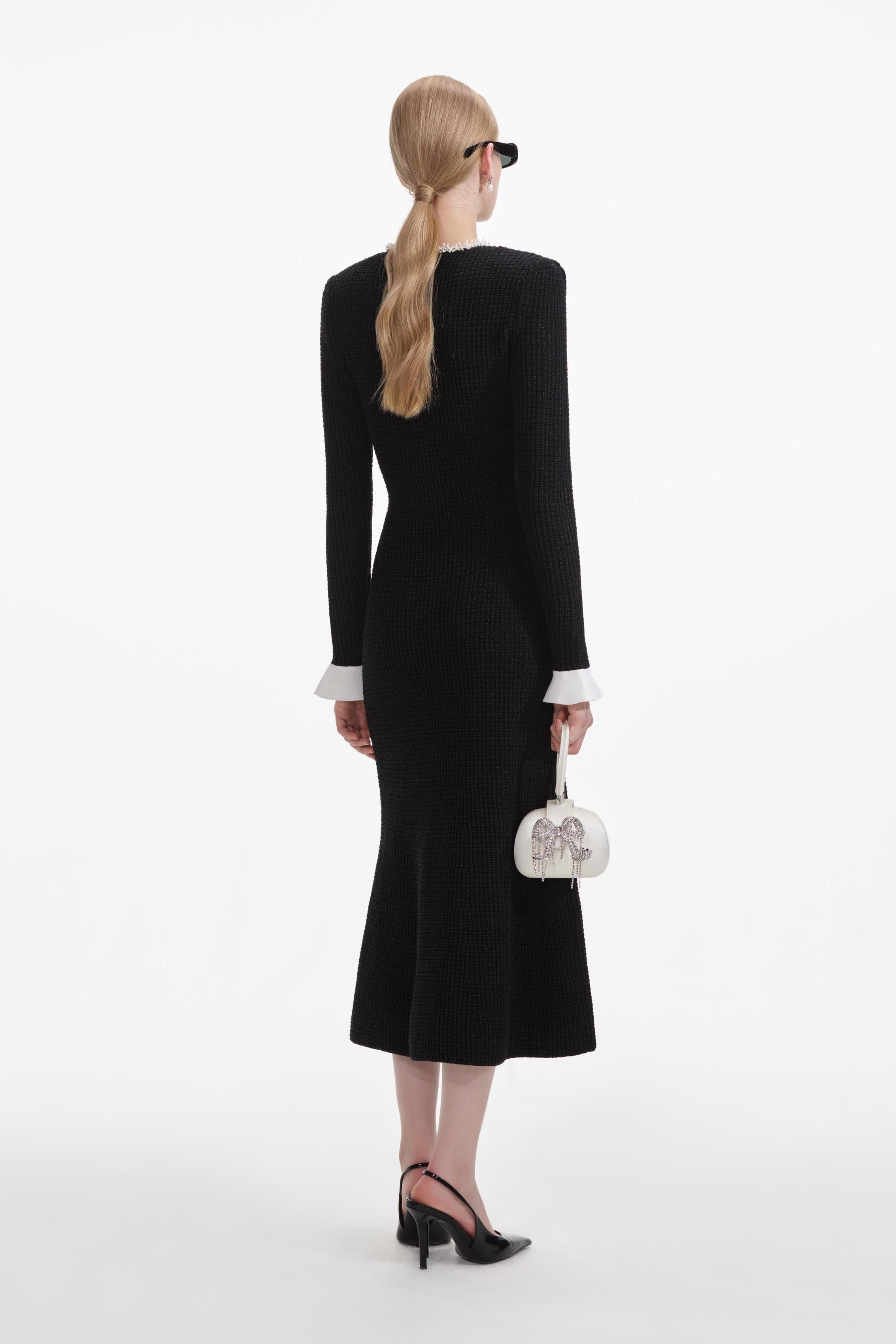Faux Pearl Contrast Color Long Sleeve Midi Dress