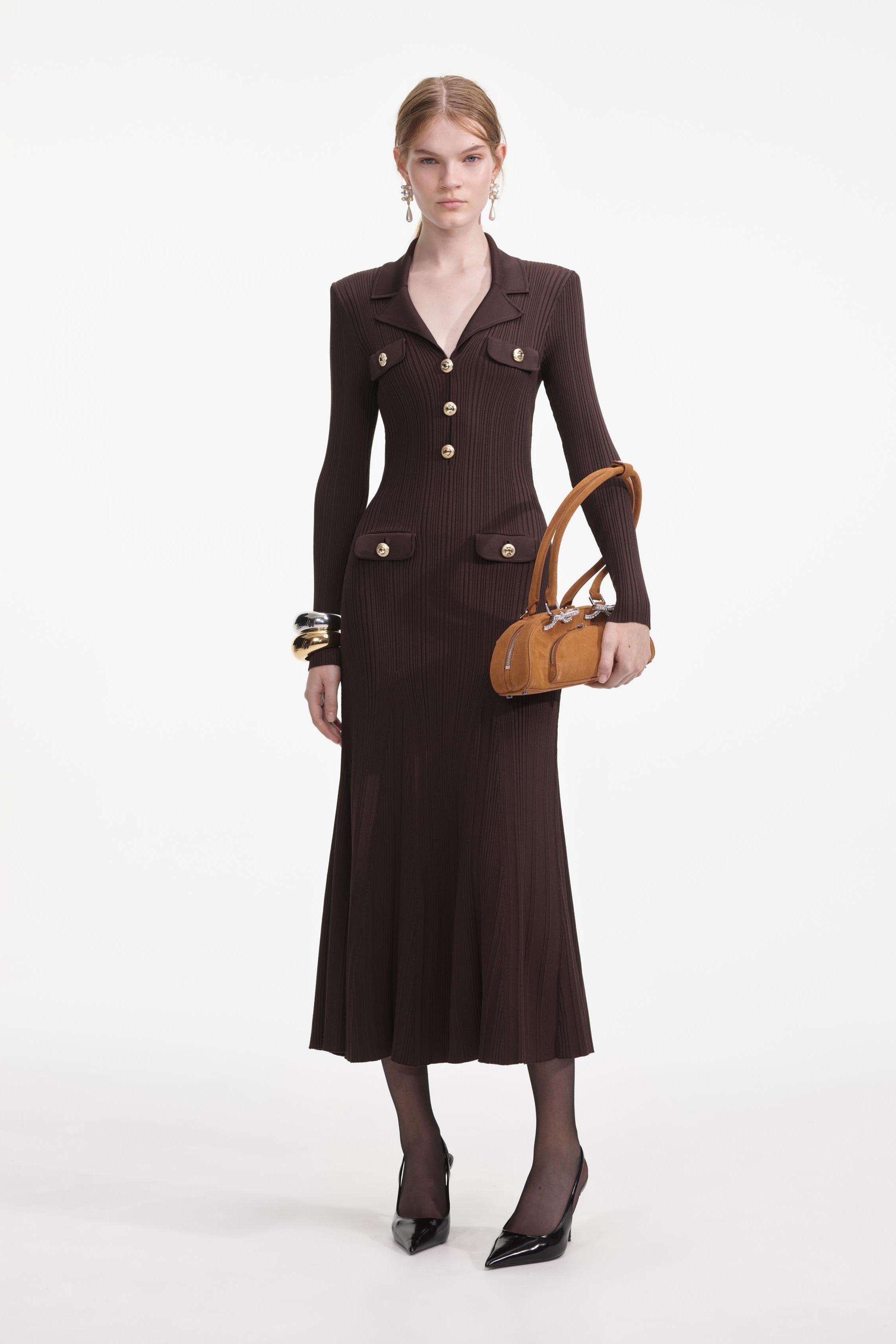 Jersey Metal Button Long Sleeve Midi Dress