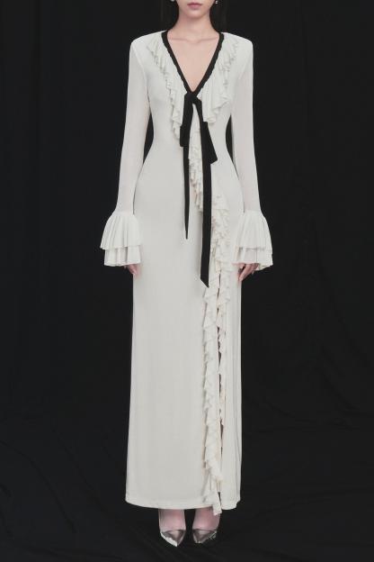 Ruffle Contrast Color Lace-Up Maxi Dress