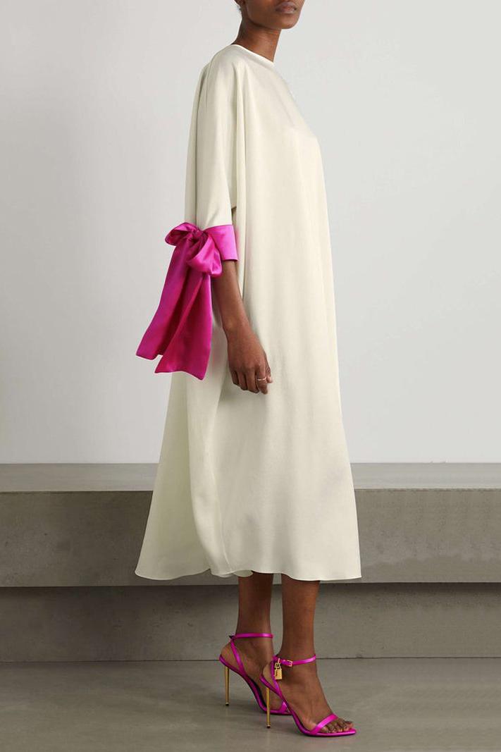 Contrast Color Bow Round Neck Midi Dress