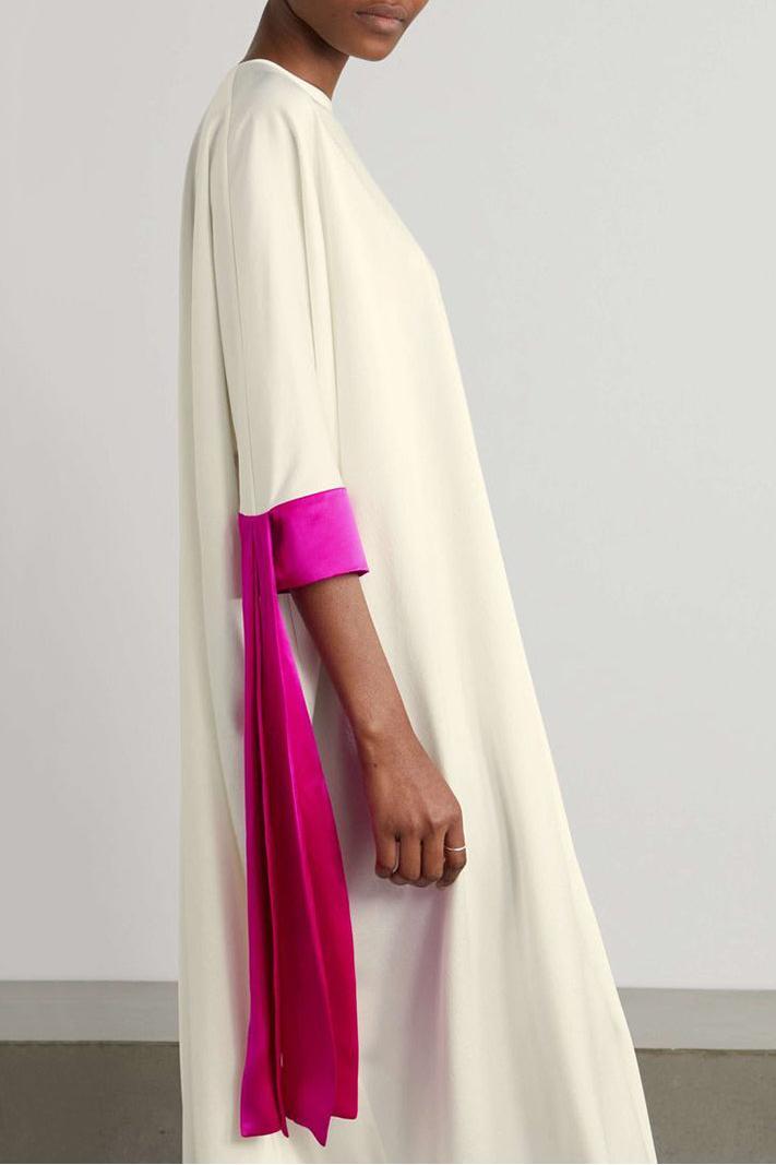 Contrast Color Bow Round Neck Midi Dress