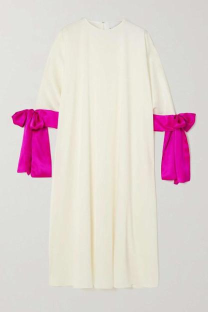 Contrast Color Bow Round Neck Midi Dress