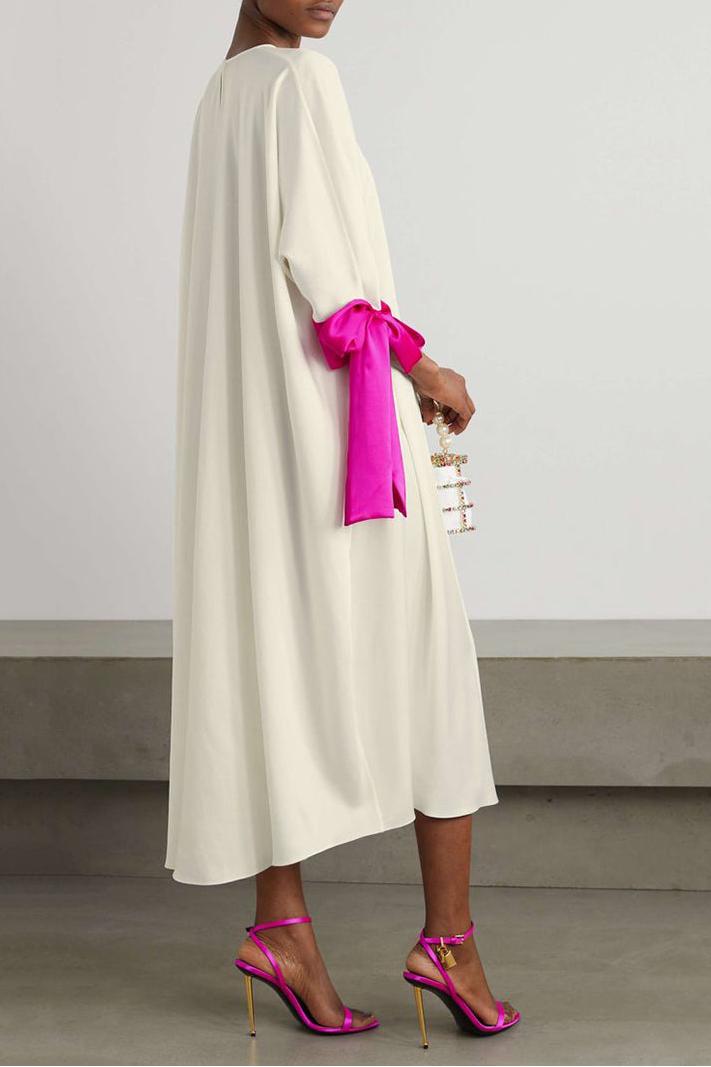 Contrast Color Bow Round Neck Midi Dress