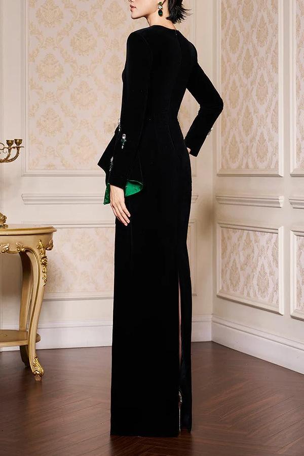 Contrast Color Rhinestone Square Collar Maxi Dress