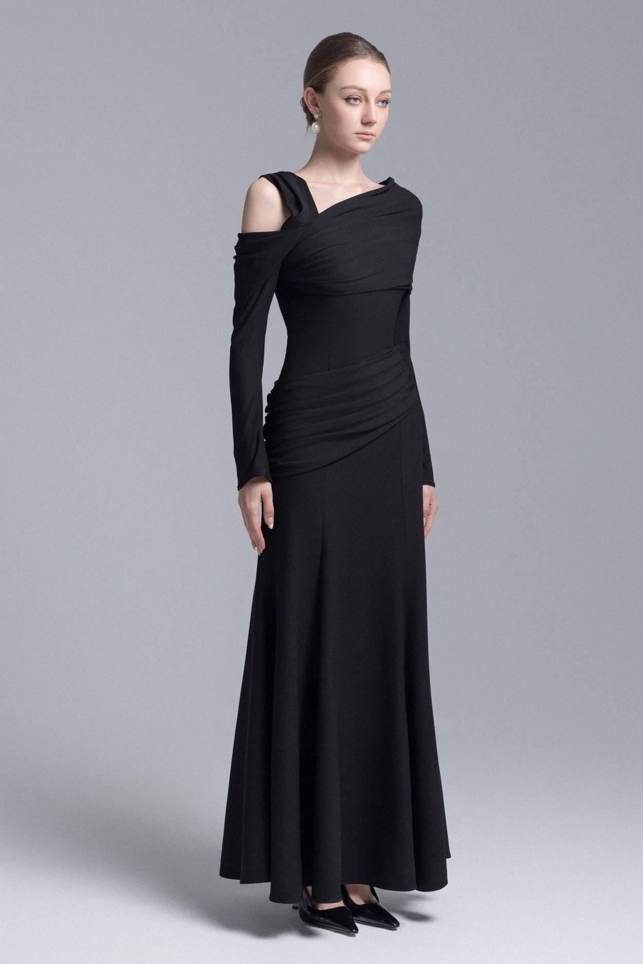 Jersey Asymmetrical Neck Gathering Mxi Dress