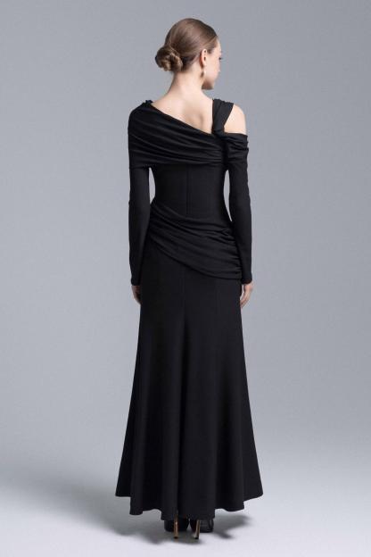 Jersey Asymmetrical Neck Gathering Mxi Dress