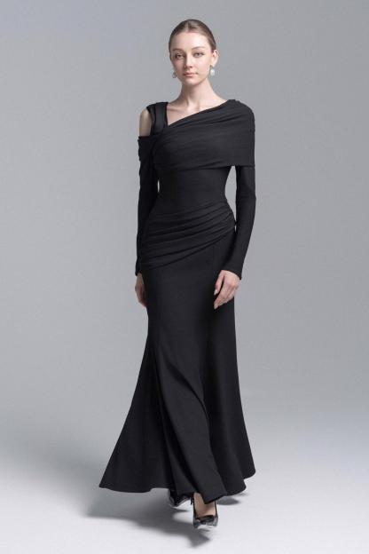 Jersey Asymmetrical Neck Gathering Mxi Dress