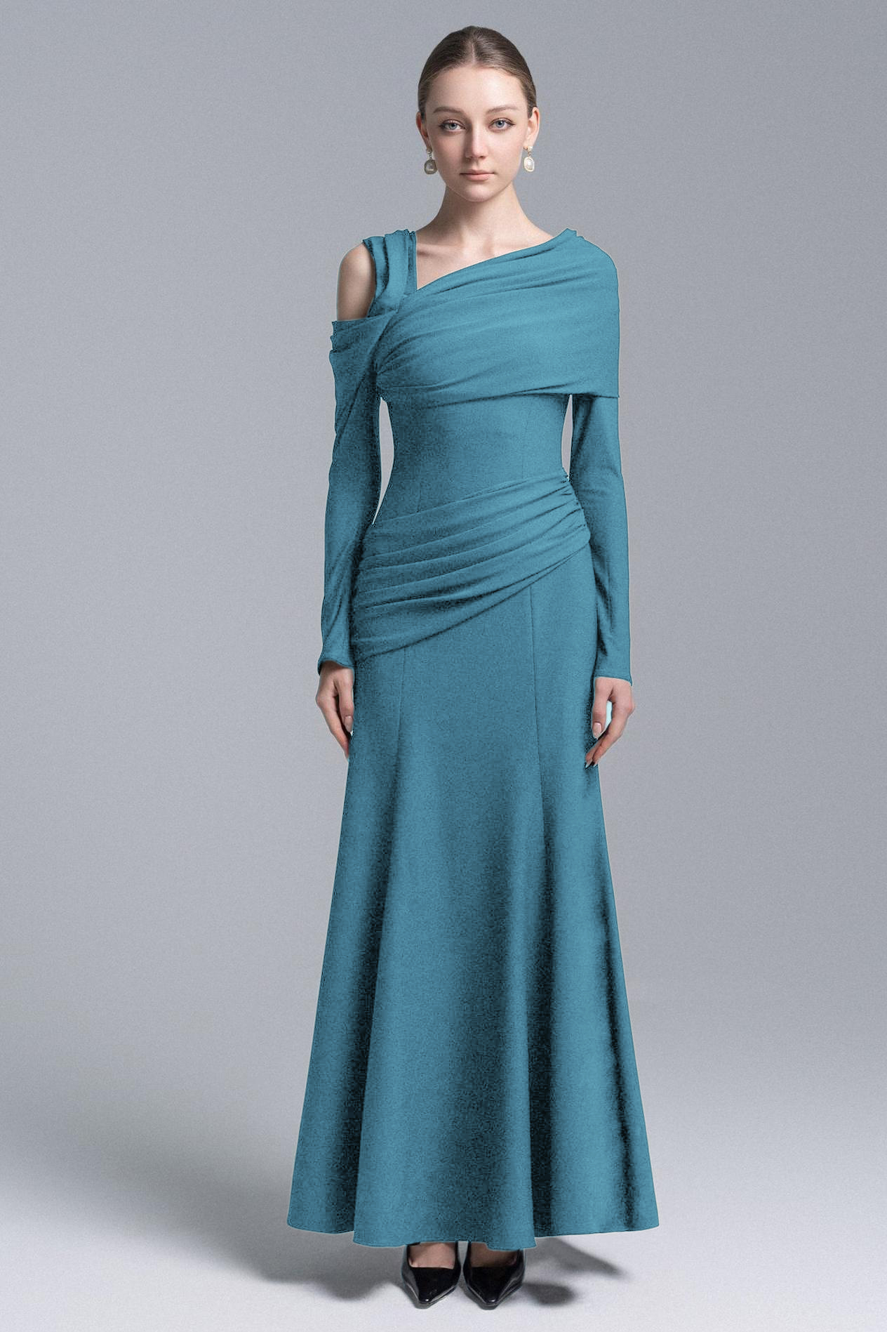 Jersey Asymmetrical Neck Gathering Mxi Dress