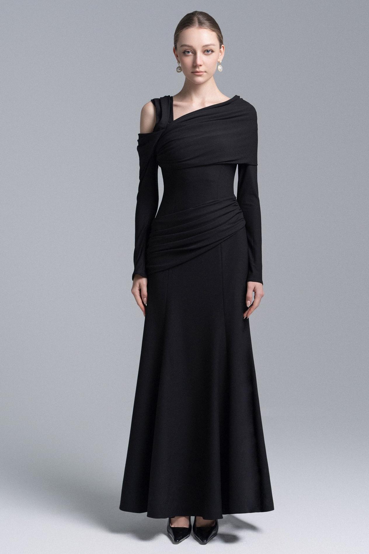 Jersey Asymmetrical Neck Gathering Mxi Dress