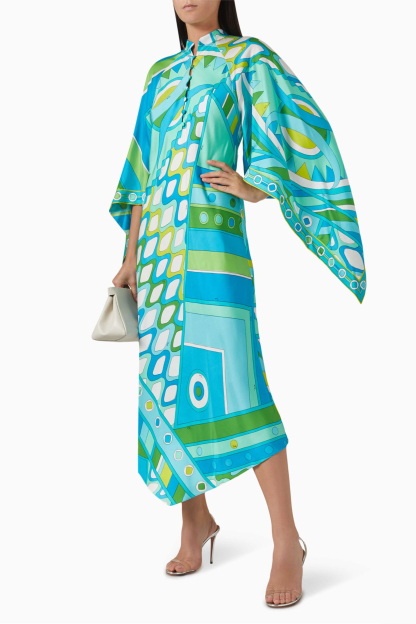 Abstract Print Stand Collar Button Midi Dress