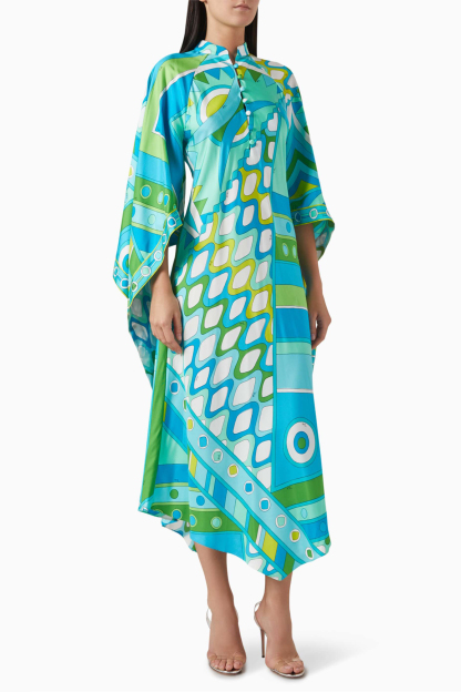 Abstract Print Stand Collar Button Midi Dress