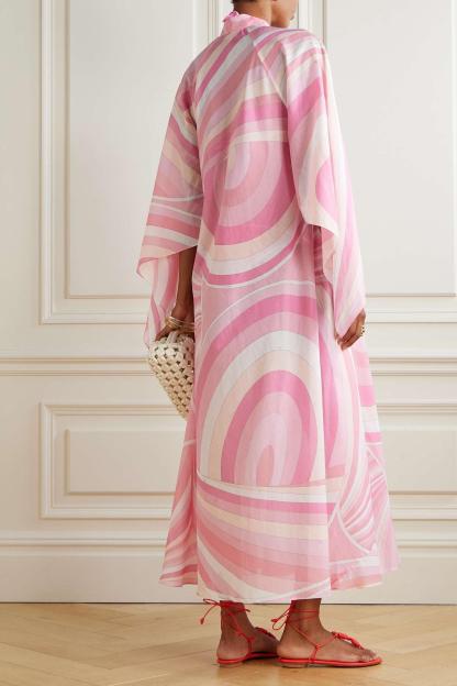 Abstract Print Stand Collar Button Midi Dress