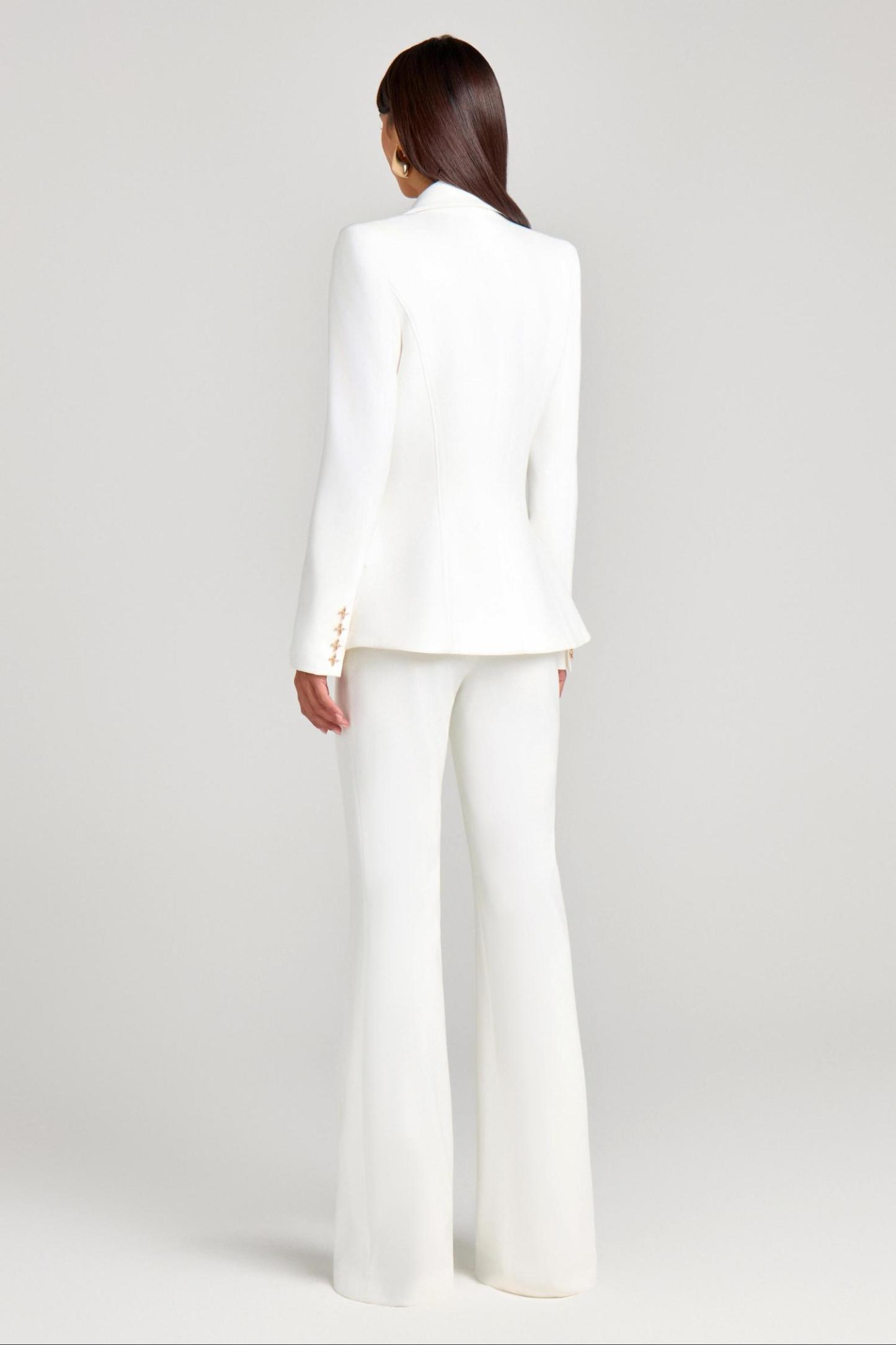 Metal Button Blazer Solid Waistcoat Mid Waist Pants Three Piece Set