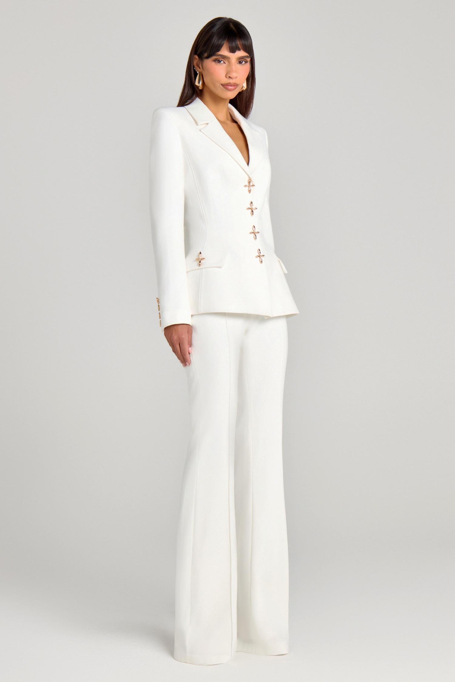 Metal Button Blazer Solid Waistcoat Mid Waist Pants Three Piece Set