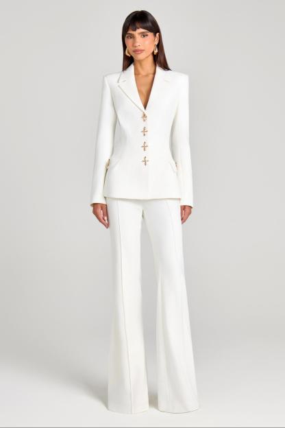 Metal Button Blazer Solid Waistcoat Mid Waist Pants Three Piece Set