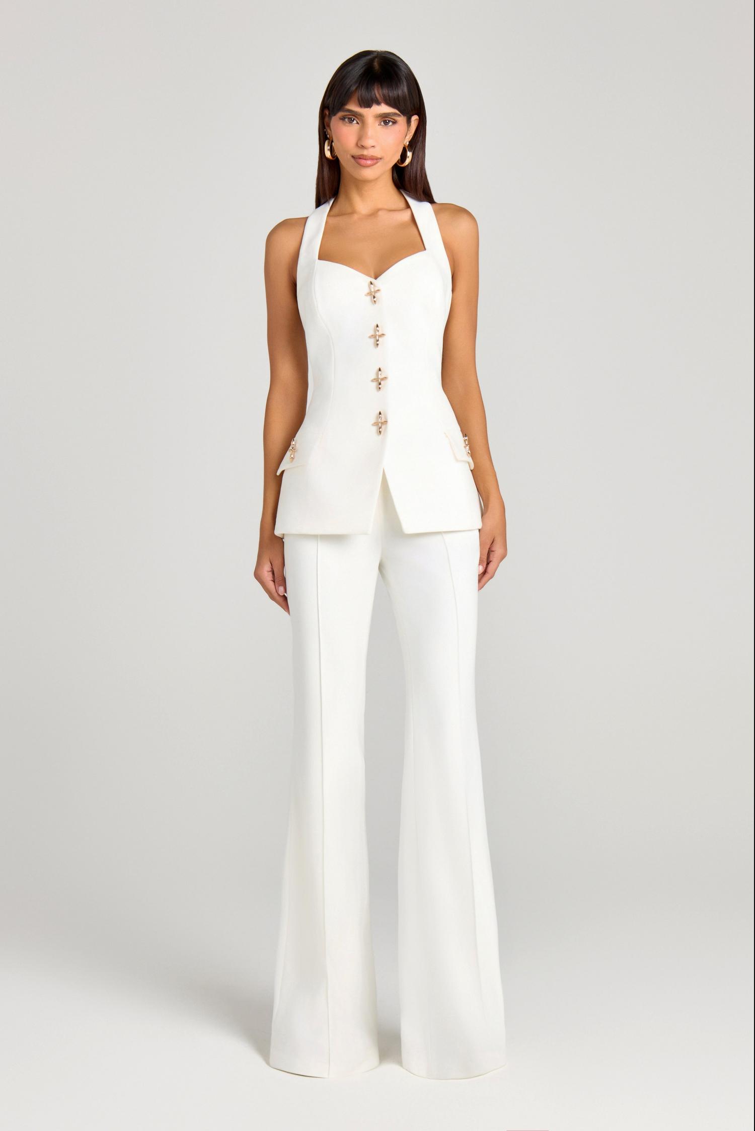 Metal Button Blazer Solid Waistcoat Mid Waist Pants Three Piece Set