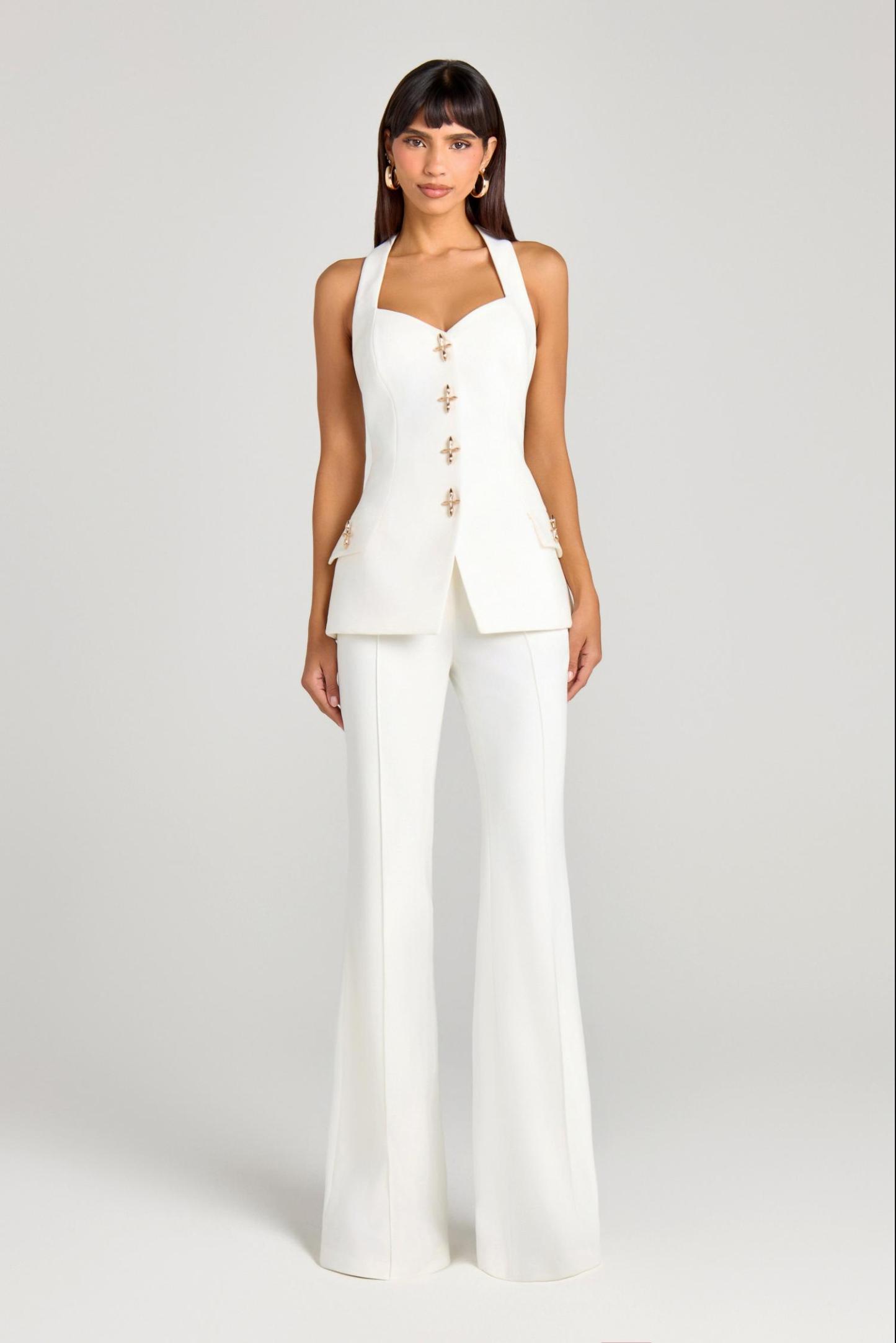 Metal Button Blazer Solid Waistcoat Mid Waist Pants Three Piece Set