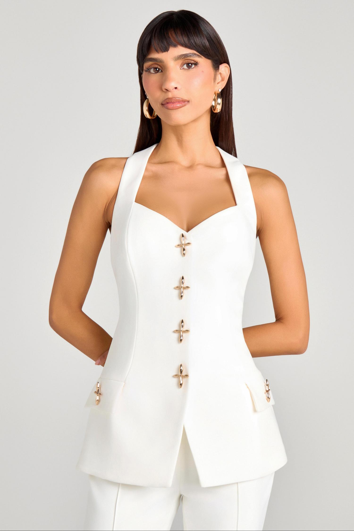 Metal Button Blazer Solid Waistcoat Mid Waist Pants Three Piece Set