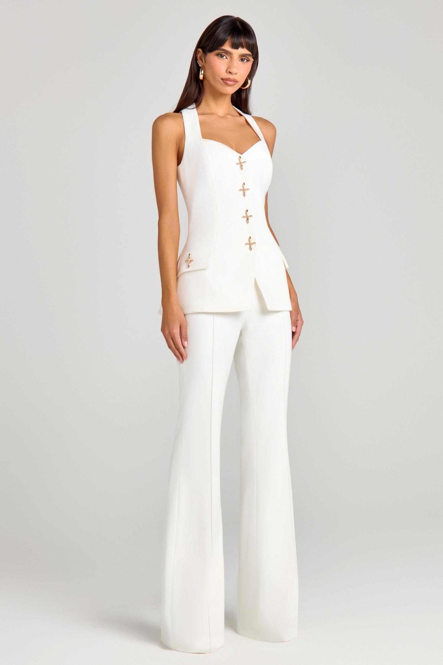 Metal Button Blazer Solid Waistcoat Mid Waist Pants Three Piece Set