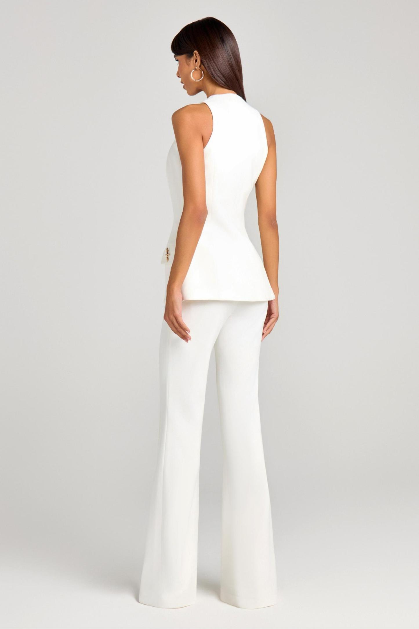 Metal Button Blazer Solid Waistcoat Mid Waist Pants Three Piece Set