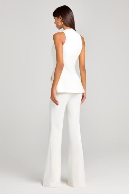 Metal Button Blazer Solid Waistcoat Mid Waist Pants Three Piece Set