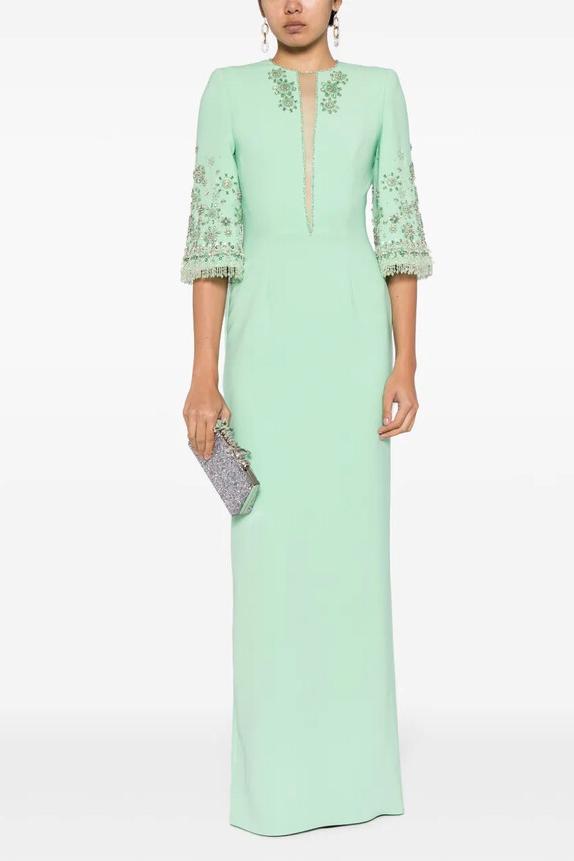 Nail Bead Embroidery Mid Sleeve Maxi Dress