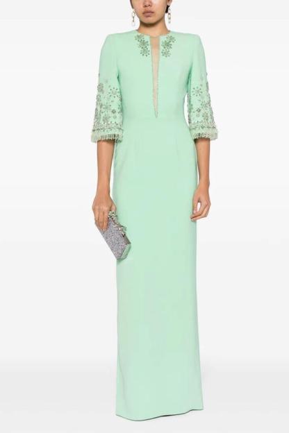 Nail Bead Embroidery Mid Sleeve Maxi Dress