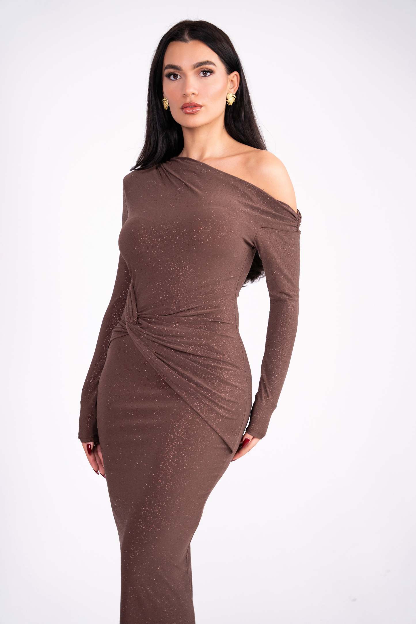 Jersey Knotted Asymmetrical Neck Midi Dress