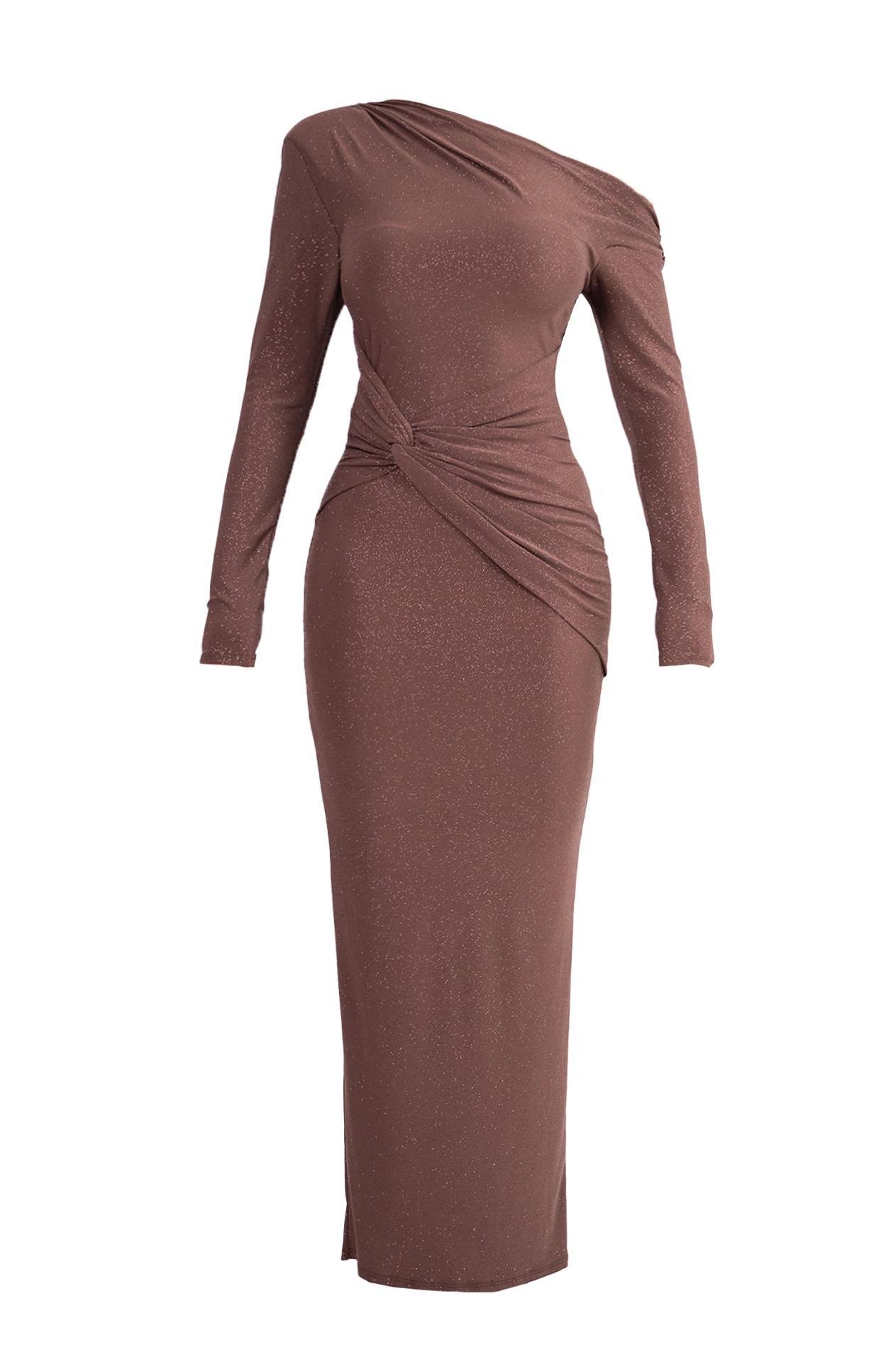 Jersey Knotted Asymmetrical Neck Midi Dress
