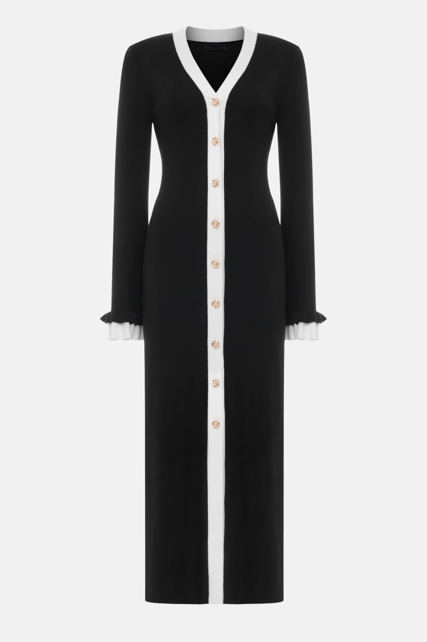 Jersey Contrast Color Metal Button Midi Dress