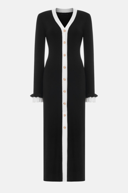 Jersey Contrast Color Metal Button Midi Dress