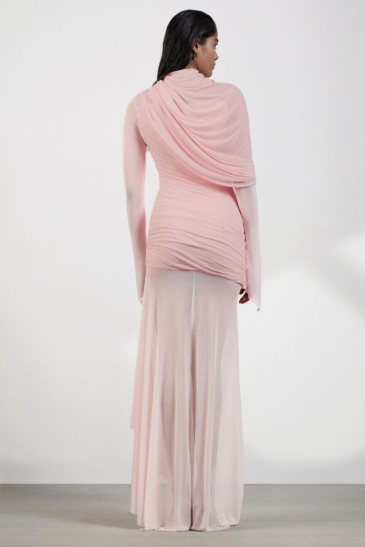 Gathering Asymmetrical Long Sleeve Maxi Dress