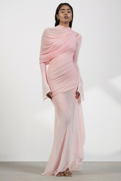 Gathering Asymmetrical Long Sleeve Maxi Dress