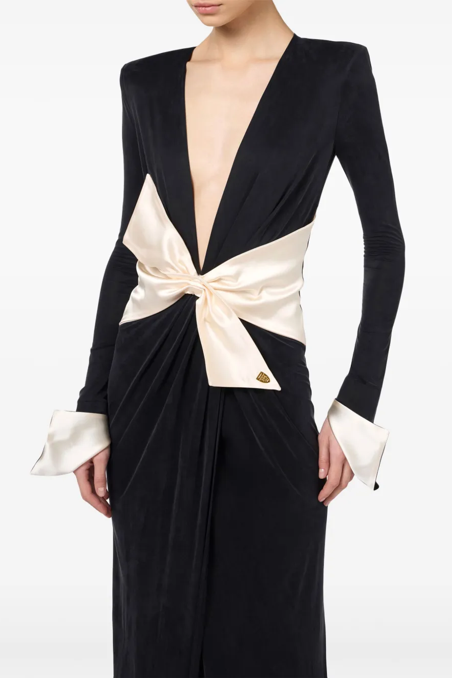 Contrast Color Bow Long Sleeve Maxi Dress